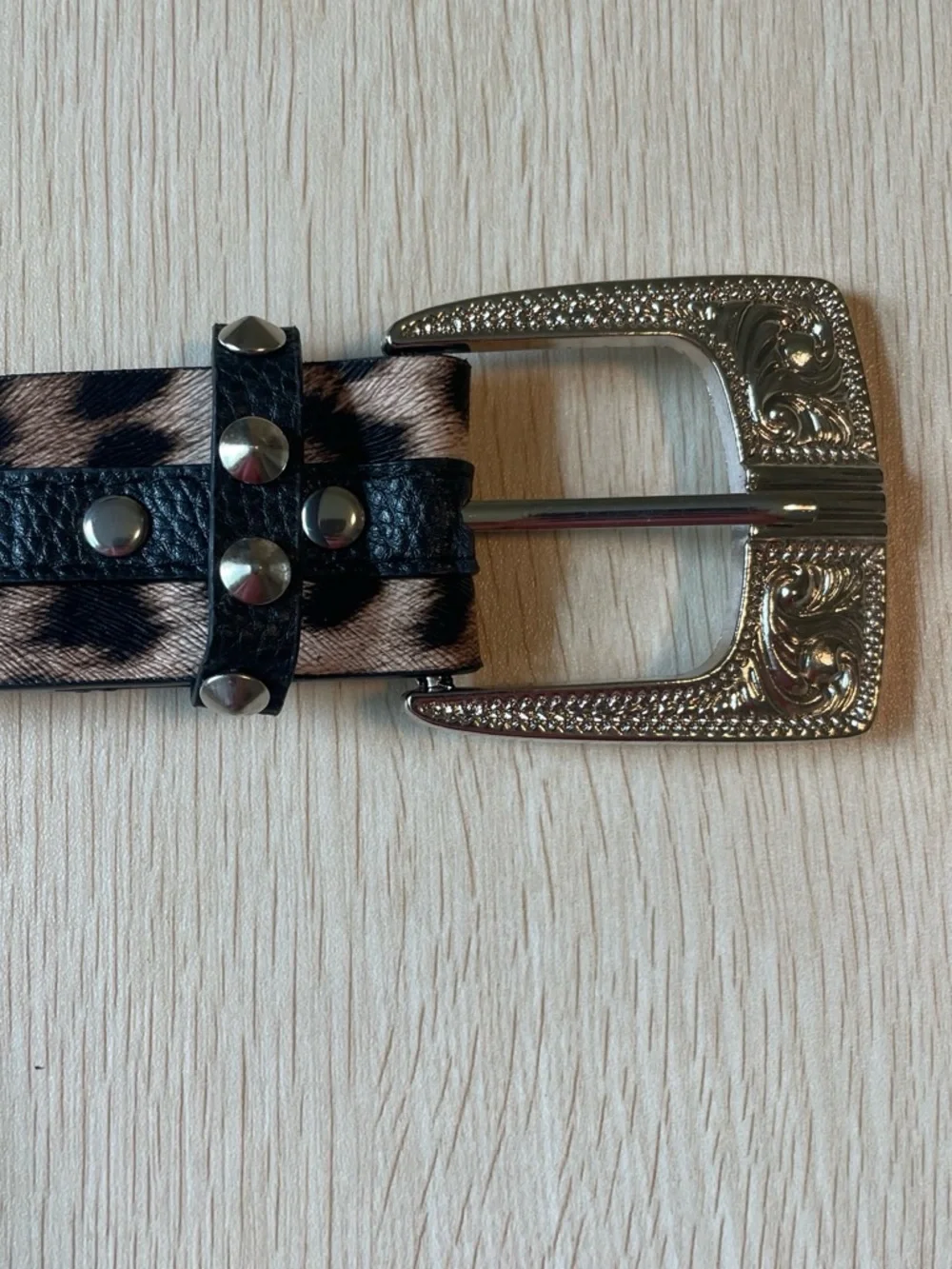 Vintage Leopard Print Studded Belt - Black and Tan